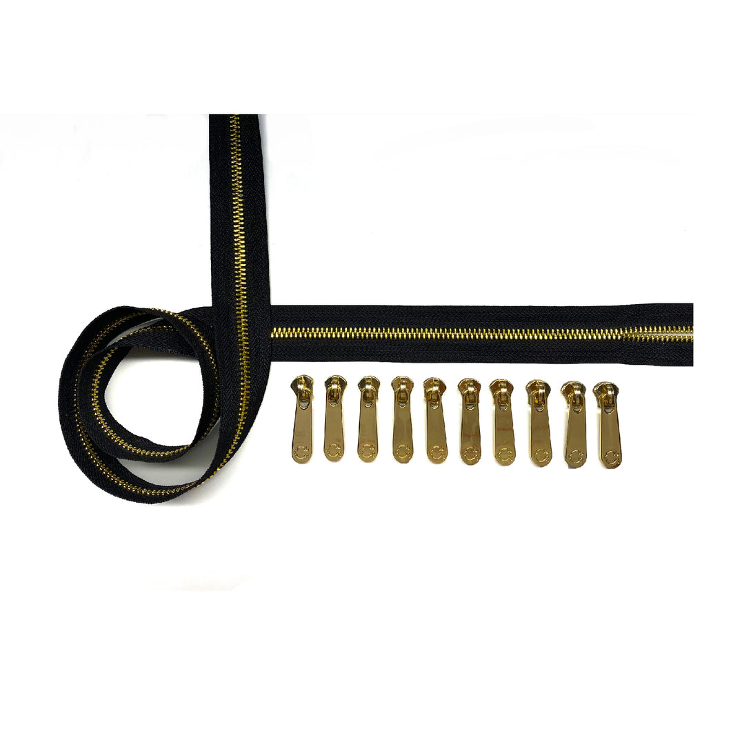 5 Black w/Gold Metal Zipper Tape - By the yard, includes pulls