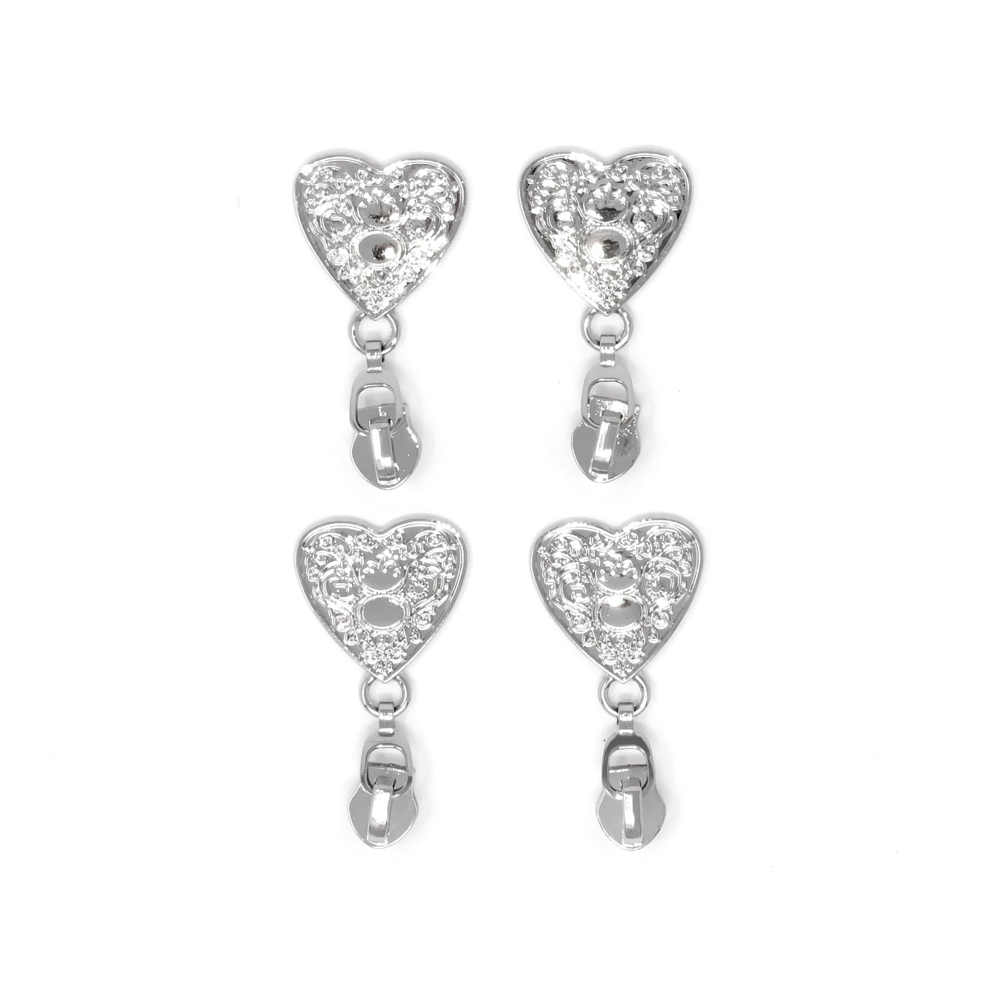 set of 4 silver heart zipper pulls for #5 nylon zipper tape